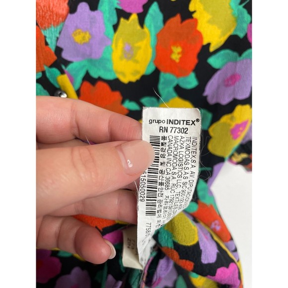 ZARA Trafaluc Small Floral Print Button-Up Shirt Open V-Neck Rolled Short Sleeve - Picture 12 of 16